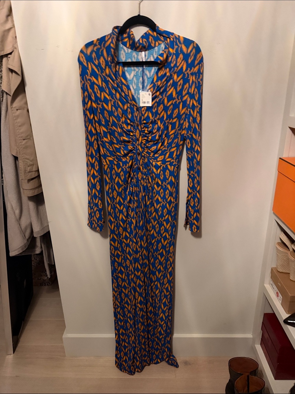 Free people blue and Mustard Long Sleeve jumpsuit with Ruched Front